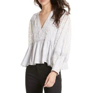 Free People Boogie All Night Blouse Blue Balloon Sleeves Peplum Hem Women’s Sz L